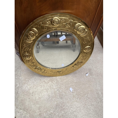 2705 - A EMBOSSED BRASS ARTS & CRAFTS WALL MIRROR, 21