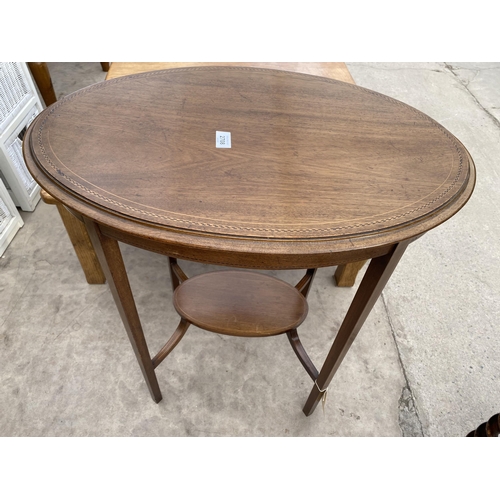 2708 - AN OVAL MAHOGANY AND INLAID TWO TIER CENTRE TABLE, 26X18