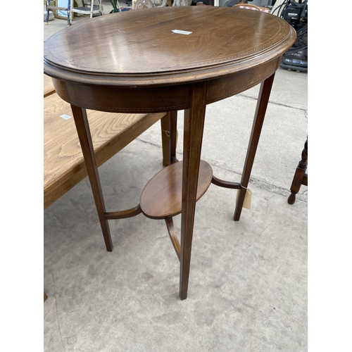 2708 - AN OVAL MAHOGANY AND INLAID TWO TIER CENTRE TABLE, 26X18