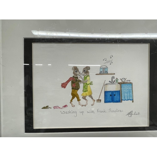 903 - AN ORIGINAL WATERCOLOUR OF DANCING MICE TITLED 'WASHING UP WITH FRANK SINATRA' SIGNED SALLY HARDIE 4... 