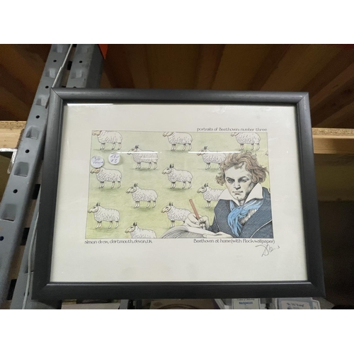 970 - FIVE SIMON DREW SIGNED PRINTS - POULTRY IN MOTION, FRIDGE OVER TROUBLED WATER, SHEEP DIP, BEETHOVEN ... 