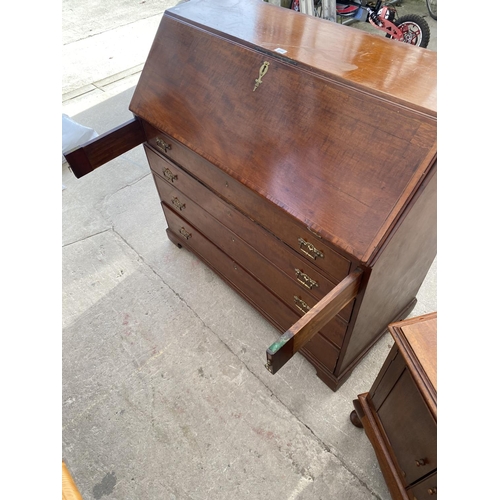 2719 - A 19TH CENTURY MAHOGANY INLAID AND CROSSBANDED BUREAU WITH FITTED INTERIOR AND FOUR GRADUATED DRAWER... 