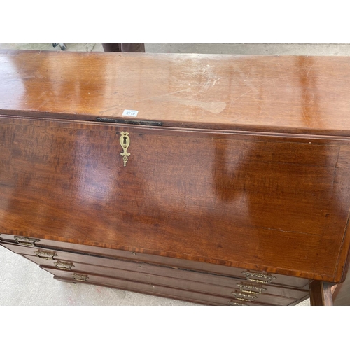 2719 - A 19TH CENTURY MAHOGANY INLAID AND CROSSBANDED BUREAU WITH FITTED INTERIOR AND FOUR GRADUATED DRAWER... 