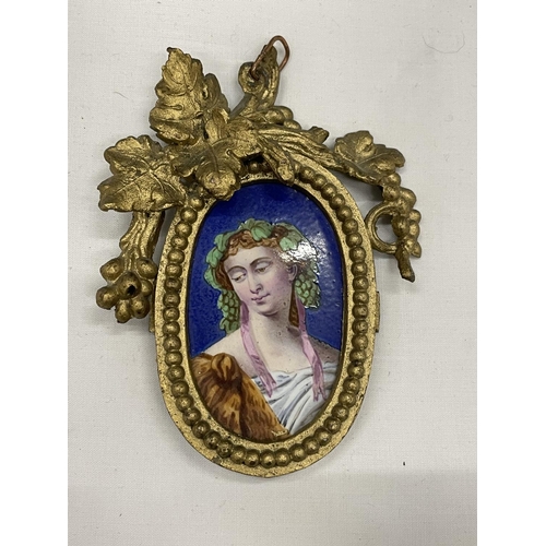 17 - A VINTAGE BRASS FRAMED MINATURE ENAMEL PORTRAIT