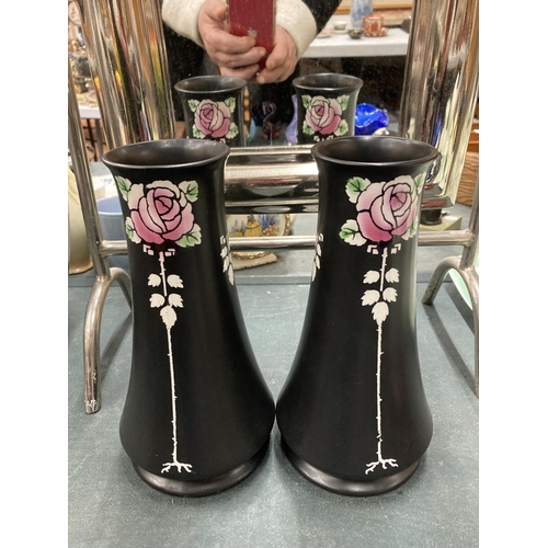 65 - A PAIR OF VINTAGE SHELLEY VASES - BLACK WITH PINK ROSE DETAIL - HEIGHT 22CM