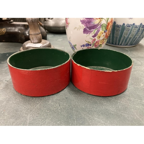 68 - A PAIR OF BELIEVED ENGLISH REGENCY CIRCA 19TH CENTURY WINE COASTERS IN CINNABAR RED LACQUER