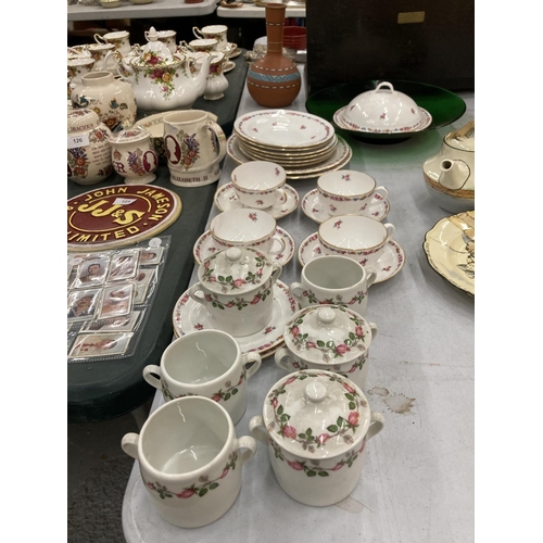 123 - A QUANTITY OF CHINA AND CERAMIC CUPS, SAUCERS, PLATES, PRESERVE POTS, ETC TO INCLUDE COPELAND SPODE ... 