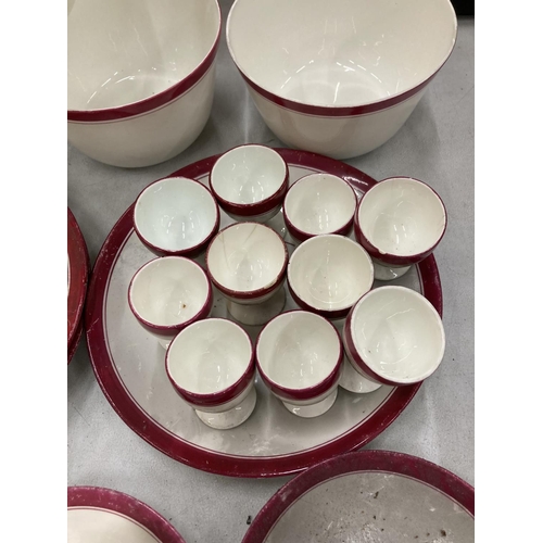 163 - A LARGE QUANTITY OF RED AND WHITE CHINA CUPS, SAUCERS, PLATES, EGG CUPS, BOWLS, ETC TO INCLUDE PLANT... 