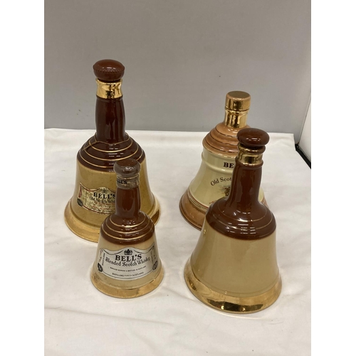 231 - FOUR VINTAGE CERAMIC BELL'S WHISKY BELL SHAPED DECANTERS