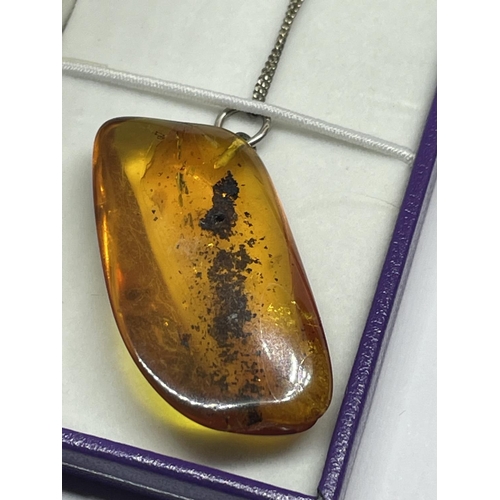 522 - A MARKED SILVER NECKLACE WITH AN AMBER PENDANT