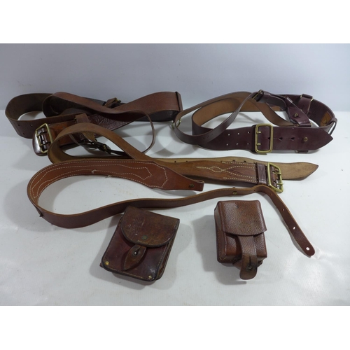 357 - TWO MID 20TH CENTURY LEATHER SAM BROWNES, TWO LEATHER POUCHES AND A BELT