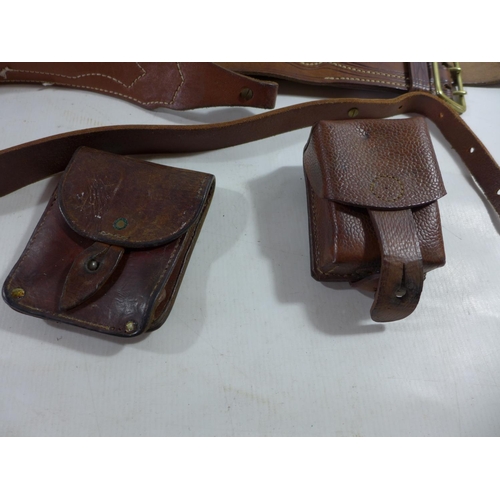 357 - TWO MID 20TH CENTURY LEATHER SAM BROWNES, TWO LEATHER POUCHES AND A BELT