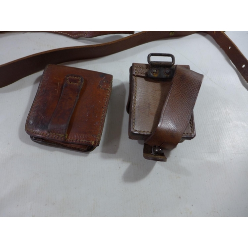 357 - TWO MID 20TH CENTURY LEATHER SAM BROWNES, TWO LEATHER POUCHES AND A BELT