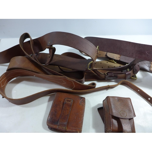 357 - TWO MID 20TH CENTURY LEATHER SAM BROWNES, TWO LEATHER POUCHES AND A BELT