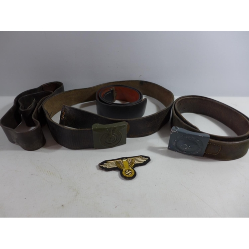 361 - FOUR LEATHER BELTS, TWO WITH NAZI GERMANY BUCKLES, NAZI BADGE