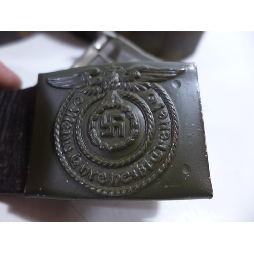 361 - FOUR LEATHER BELTS, TWO WITH NAZI GERMANY BUCKLES, NAZI BADGE