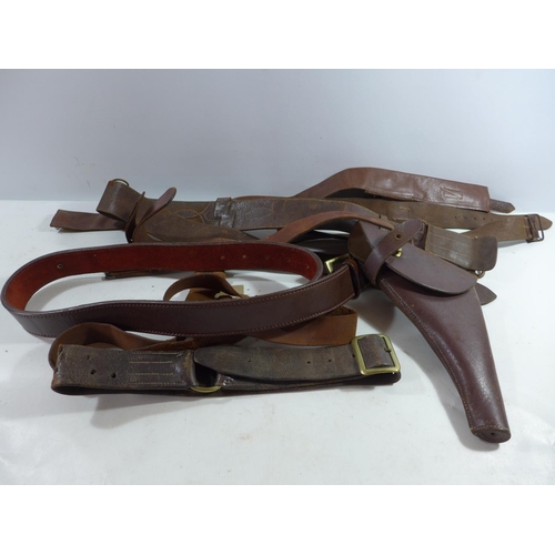 362 - A BRITISH LEATHER HOLSTER, SAM BROWNE BELT, FURTHER BELTS ETC