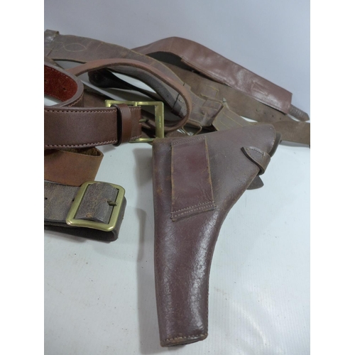 362 - A BRITISH LEATHER HOLSTER, SAM BROWNE BELT, FURTHER BELTS ETC