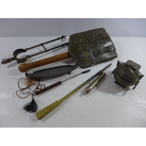 363 - A FOLDING ENTRENCHING TOOL, EAR DEFENDERS, MODEL CANON BARREL ETC