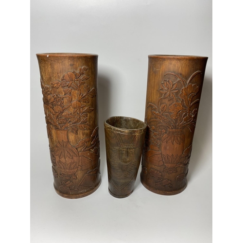 3 - A PAIR OF CHINESE ROOTWOOD CYLINDRICAL SLEEVE VASES WITH CARVED VASE DESIGN, 28CM HEIGHT, TOGETHER W... 