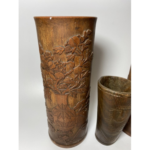 3 - A PAIR OF CHINESE ROOTWOOD CYLINDRICAL SLEEVE VASES WITH CARVED VASE DESIGN, 28CM HEIGHT, TOGETHER W... 