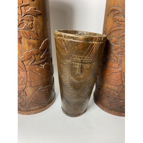 3 - A PAIR OF CHINESE ROOTWOOD CYLINDRICAL SLEEVE VASES WITH CARVED VASE DESIGN, 28CM HEIGHT, TOGETHER W... 