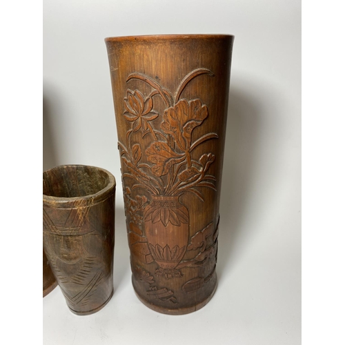 3 - A PAIR OF CHINESE ROOTWOOD CYLINDRICAL SLEEVE VASES WITH CARVED VASE DESIGN, 28CM HEIGHT, TOGETHER W... 