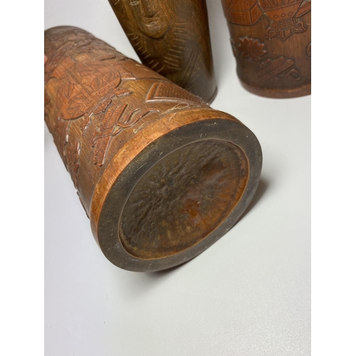 3 - A PAIR OF CHINESE ROOTWOOD CYLINDRICAL SLEEVE VASES WITH CARVED VASE DESIGN, 28CM HEIGHT, TOGETHER W... 