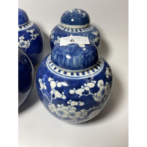 6 - A GROUP OF FOUR 19TH CENTURY AND LATER CHINESE PORCELAIN PRUNUS PATTERN GINGER JARS, ONE A/F, ALL WI... 