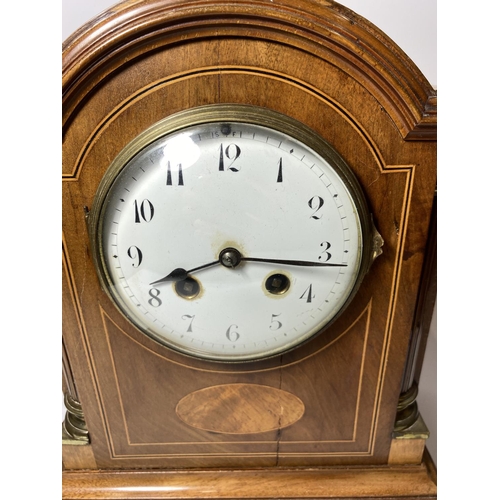 8 - A 19TH CENTURY FRENCH INLAID MAHOGANY BRACKET / MANTLE CLOCK WITH COLUMN SUPPORTS AND BRASS FINIALS,... 