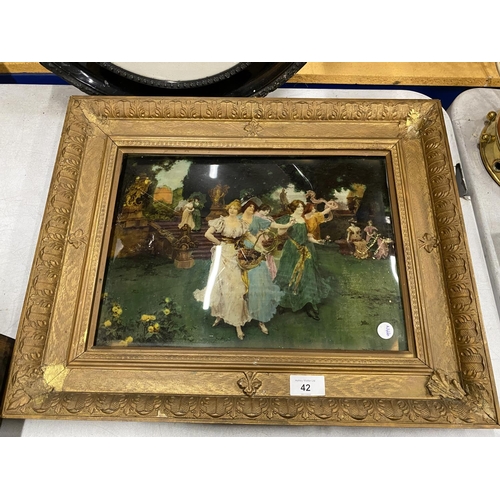 42 - A VICTORIAN GILT FRAMED CRYSTOLEUM OF DANCING LADIES TOGETHER WITH A PICTURE OF A MAN IN EBONISED FR... 