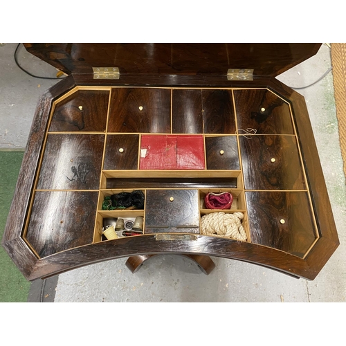 59 - A VICTORIAN BURR WALNUT SEWING TABLE WITH INNER COMPARTMENTS AND SEWING EQUIPMENT, HEIGHT OF TABLE 7... 