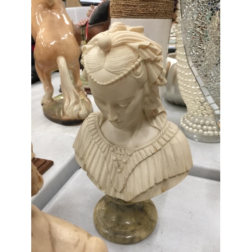 162 - A CAST BUST OF A CLASSICAL MAIDEN ON A MARBLE SOCLE BASE SIGNED TO THE BACK, TWO RESIN BUSTS, CHERUB... 