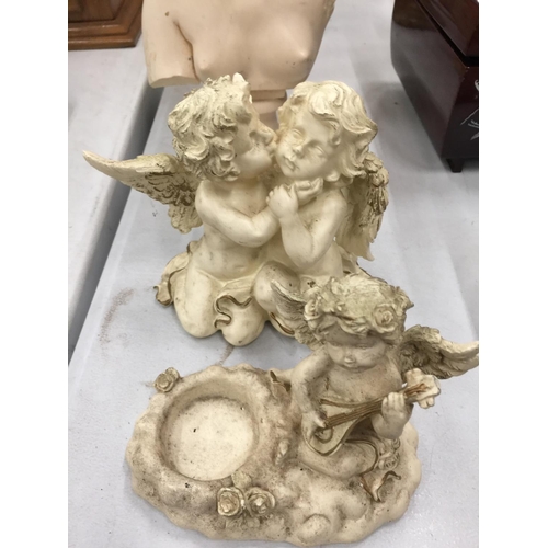 162 - A CAST BUST OF A CLASSICAL MAIDEN ON A MARBLE SOCLE BASE SIGNED TO THE BACK, TWO RESIN BUSTS, CHERUB... 