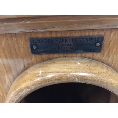 164 - AN OAK MASONIC BALLOT BOX FOR GARSTON MARK LODGE CONTAINING BLACK AND WHITE GLASS BALLS