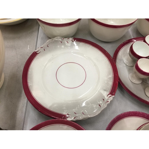 168 - A LARGE QUANTITY OF RED AND WHITE CHINA CUPS, SAUCERS, PLATES, EGG CUPS, BOWLS, ETC TO INCLUDE PLANT... 