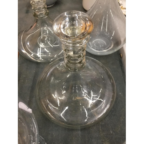 175 - TWO LARGE SHIPS DECANTERS, A LARGE DECANTER AND FOUR LARGE WINE/GIN GLASSES