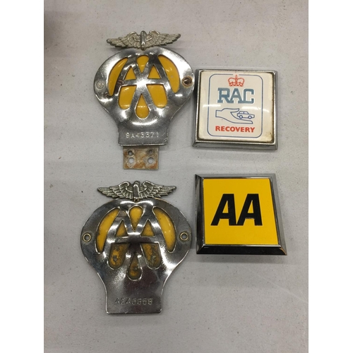 181 - FOUR VINTAGE CAR BADGES TO INCLUDE THREE AA AND AN RAC