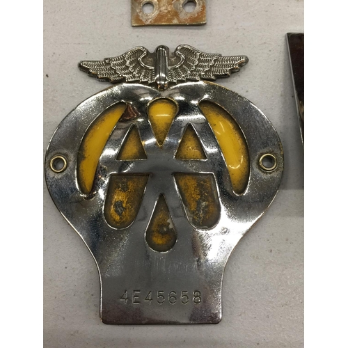 181 - FOUR VINTAGE CAR BADGES TO INCLUDE THREE AA AND AN RAC