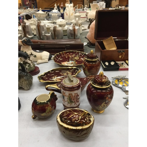 183 - EIGHT PIECES OF CERAMICS TO INCLUDE SIX CARLTON WARE ROUGE ROYALE, A COLLBRI LIGHTER AND A CROWN DER... 