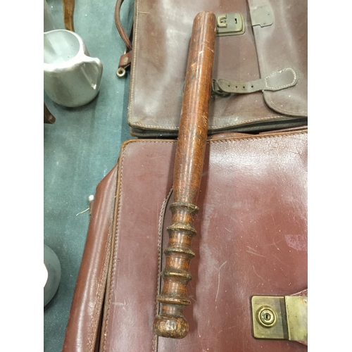 188 - TWO VINTAGE LEATHER SATCHELS AND A TRUNCHEON