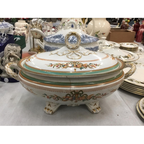 191 - TWO VICTORIAN LIDDED TUREENS (A/F AGE RELATED CRACKS) AND A LARGE DECORATIVE DEVON WARE JUG