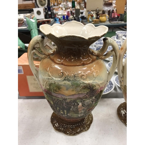 202 - A PAIR OF TWIN HANDLED VASES WITH A FARMING SHIRE HORSE SCENE