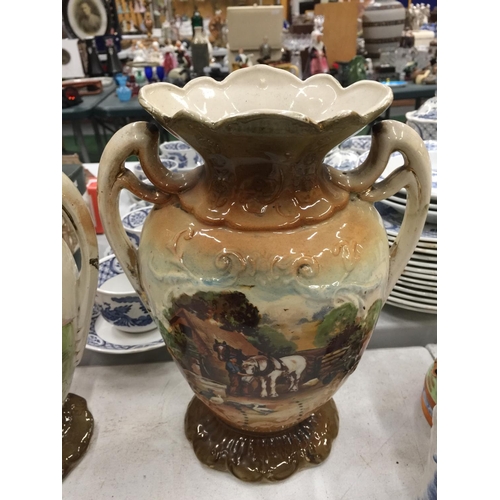 202 - A PAIR OF TWIN HANDLED VASES WITH A FARMING SHIRE HORSE SCENE