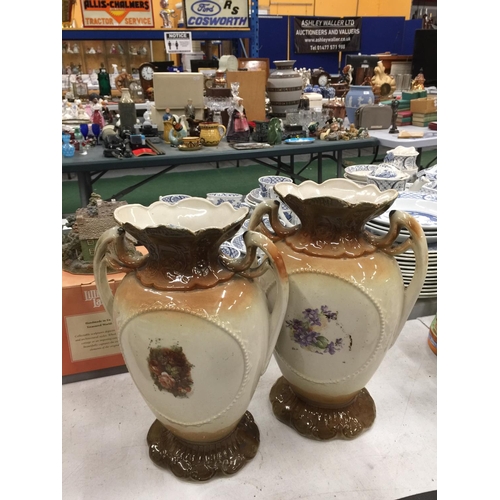 202 - A PAIR OF TWIN HANDLED VASES WITH A FARMING SHIRE HORSE SCENE