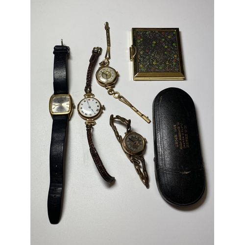 507 - A MIXED LOT OF ITEMS TO INCLUDE THREE LADIES 9CT GOLD CASED WATCHES, FURTHER 'MONTINE' WATCH, VINTAG... 