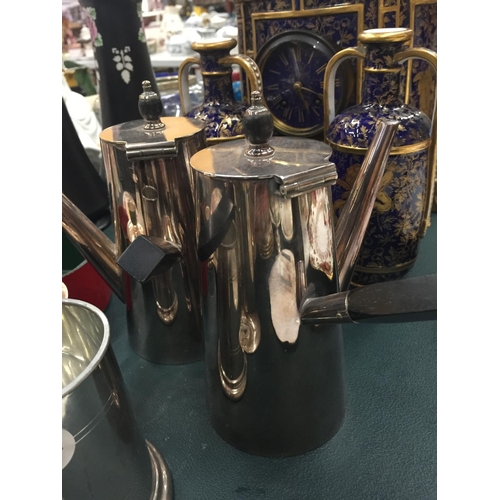 65 - A QUANTITY OF SILVER PLATE ITEMS TO INCLUDE TANKARDS, COFFEE POTS, DISH WITH SQUIRREL DESIGN ETC