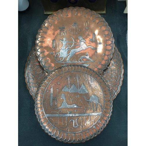 77 - THREE VINTAGE COPPER AND SILVER PLATE CAIRO WARE TRAYS AND A BRASS BOX WITH BLUE ENAMEL DECORATION (... 