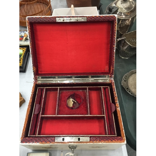 82 - A PAINTED WOODEN JEWELLERY BOX WITH KEY WITH COSTUME JEWELLERY ETC