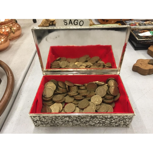 88 - A DECORATIVE WHITE METAL BOX CONTAINING A LARGE QUANTITY OF THREE PENNY PIECES